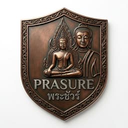 PRASURE พระชัวร์ — โลโก้โล่ทองแดง พระพุทธรูปนั่งสมาธิและอักษรพระชัวร์